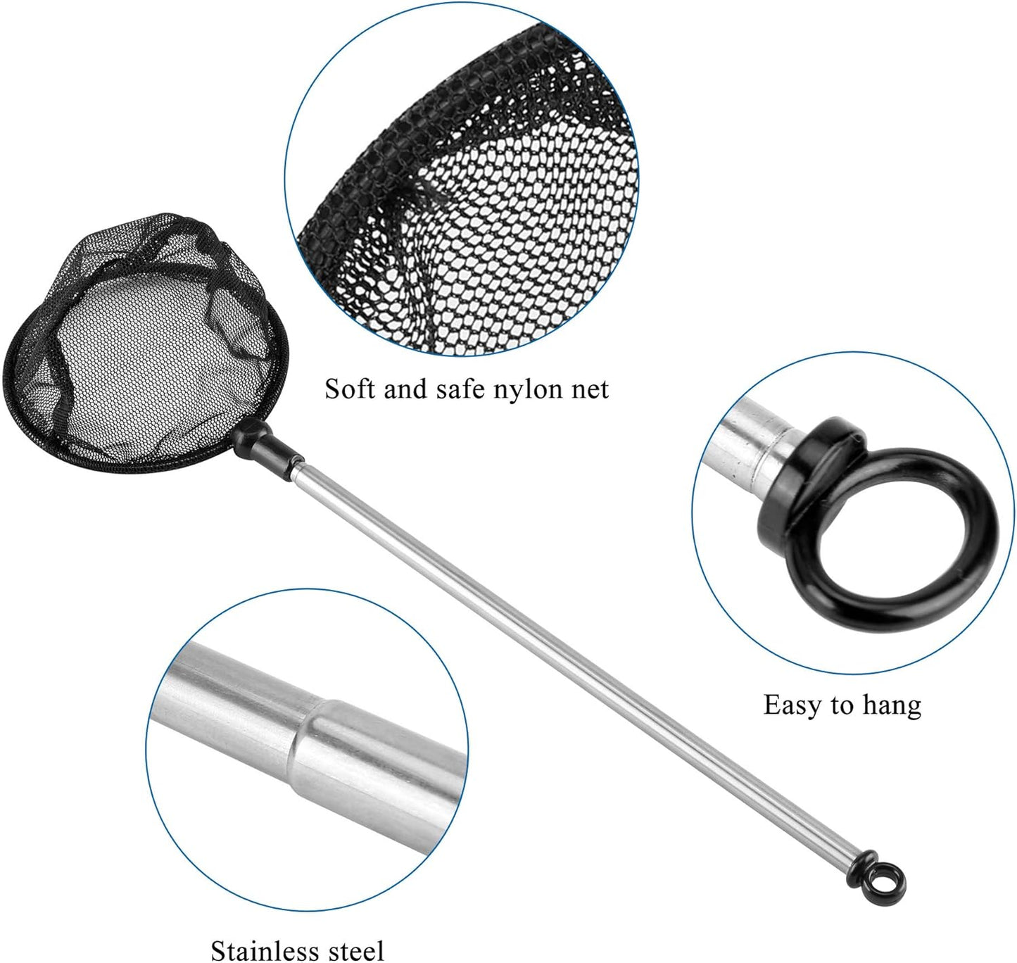 Aquarium Fish Net, Fine Mesh Net for Fish Tank, Telescopic Fish Net with Extendable Stainless Steel Long Handle