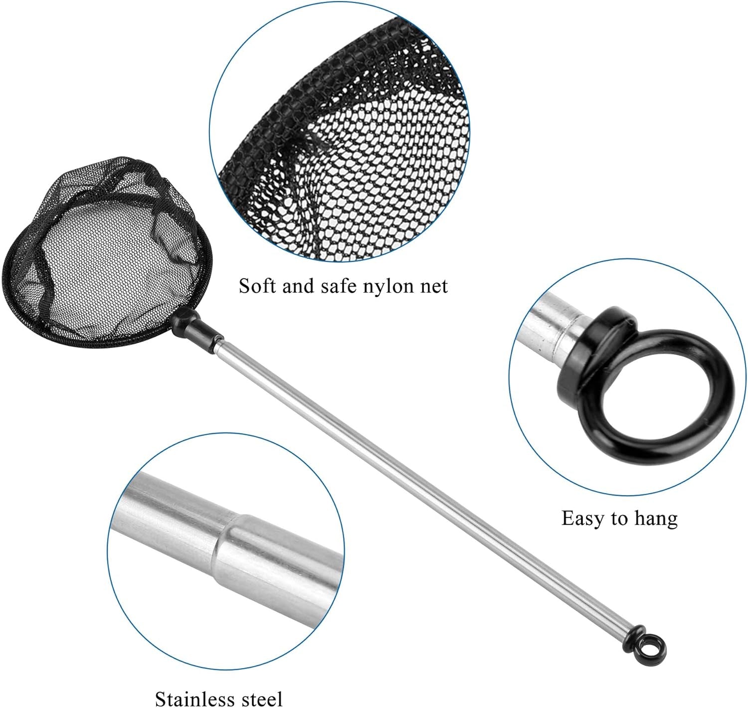 Aquarium Fish Net, Fine Mesh Net for Fish Tank, Telescopic Fish Net with Extendable Stainless Steel Long Handle