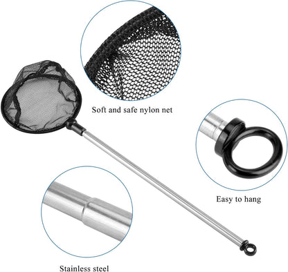 Aquarium Fish Net, Fine Mesh Net for Fish Tank, Telescopic Fish Net with Extendable Stainless Steel Long Handle