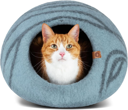 Cat Cave – Premium Felt Cat Bed for Indoor Cats, Handmade Merino Wool (Aquamarine, Medium)